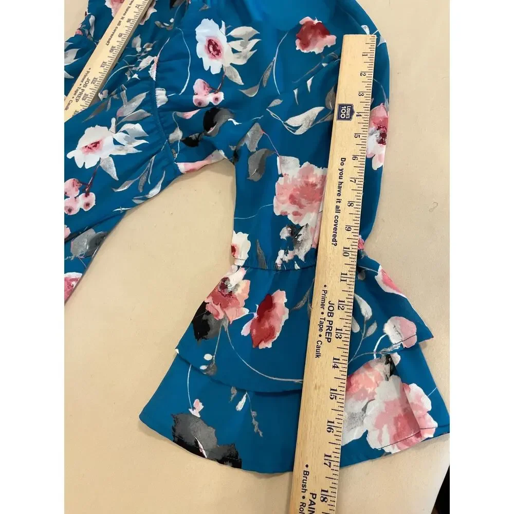Pink Lily Dress Womens Medium Blue Floral Print Bell Sleeve Cottagecore Boho - Picture 9 of 9